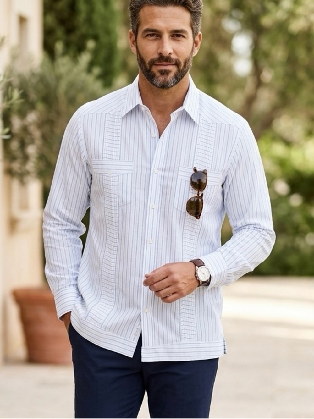 Men's White & Blue Striped Short Sleeve Guayabera Cuban Vacation Shirt  XL 1855